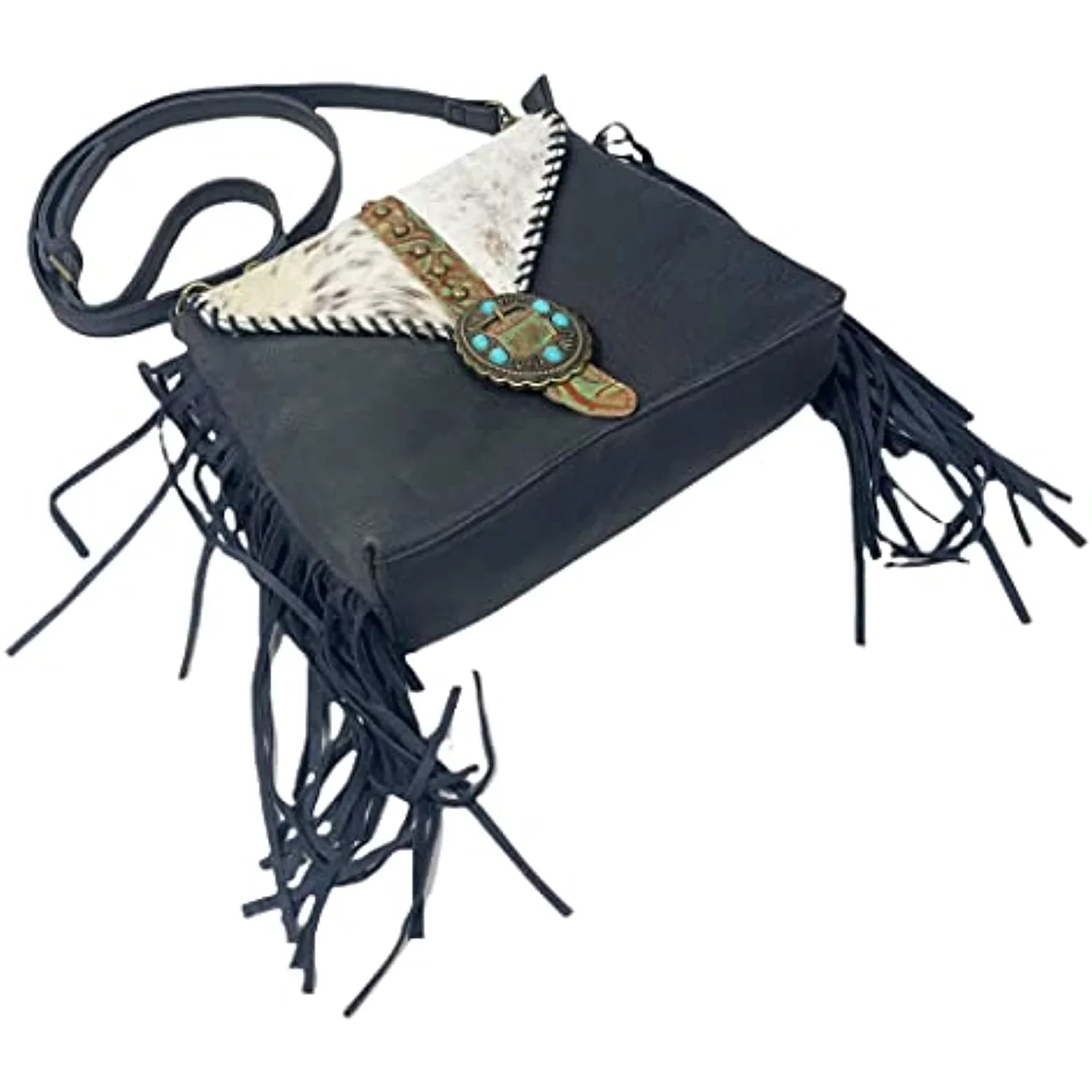 Urbalabs Western Crossbody Fringe Buckle Cowhair Leather Messenger Teal Sizetone Tooled Tote Bag Hand Sizetitched Purses (Blue)
