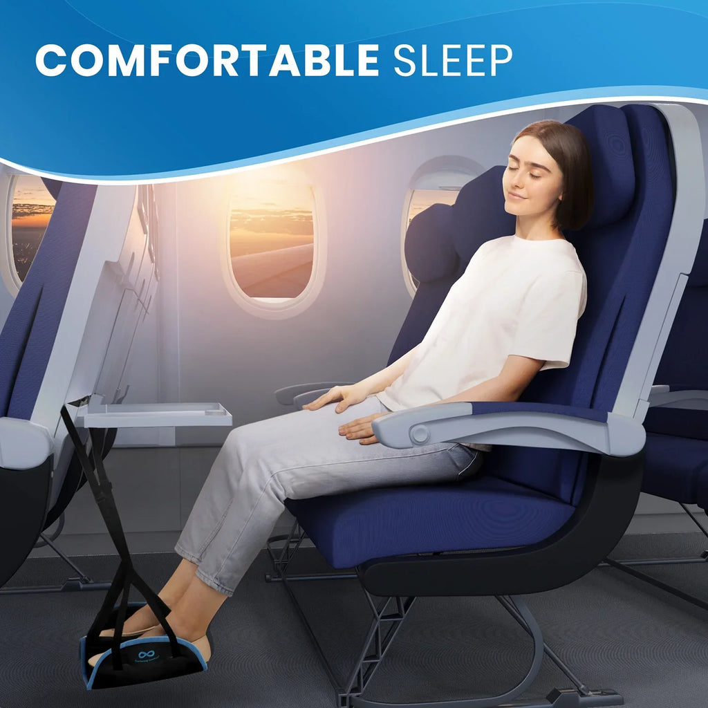 Everlasting Comfort Airplane Footrest - Ergonomic Adjustable Foot and Heel Hammock - Long Airplane Flight Accessories for Feet - Memory Pillow Portable Air Plane Flying Travel Foot Rest - (Black)