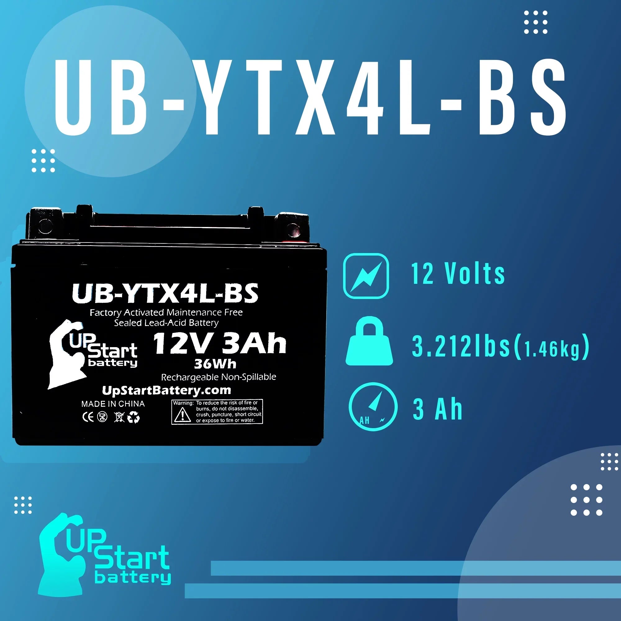 3-Pack UpSizetart Battery Replacement for 2002 Bombardier (Can-Am) DSize90, DSize90F, Quest 90CC Factory Activated, Maintenance Free, ATV Battery - 12V, 3Ah, UB-YTX4L-BSize