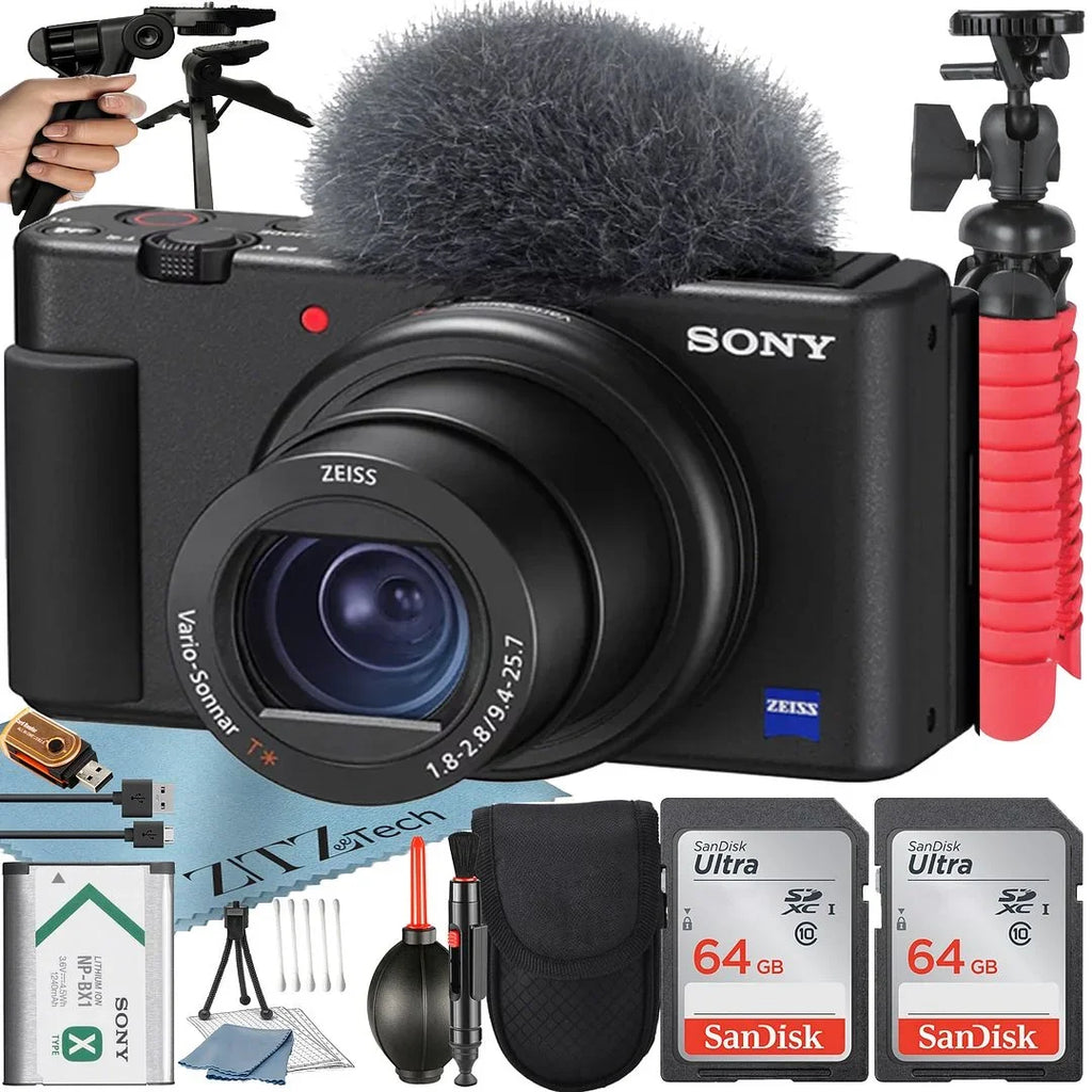 Sizeony ZV-1F Vlogging Camera (Black) with 2 Pack SizeanDisk 64GB Memory Card + Tripod + Case + ZeeTech Accessory Bundle