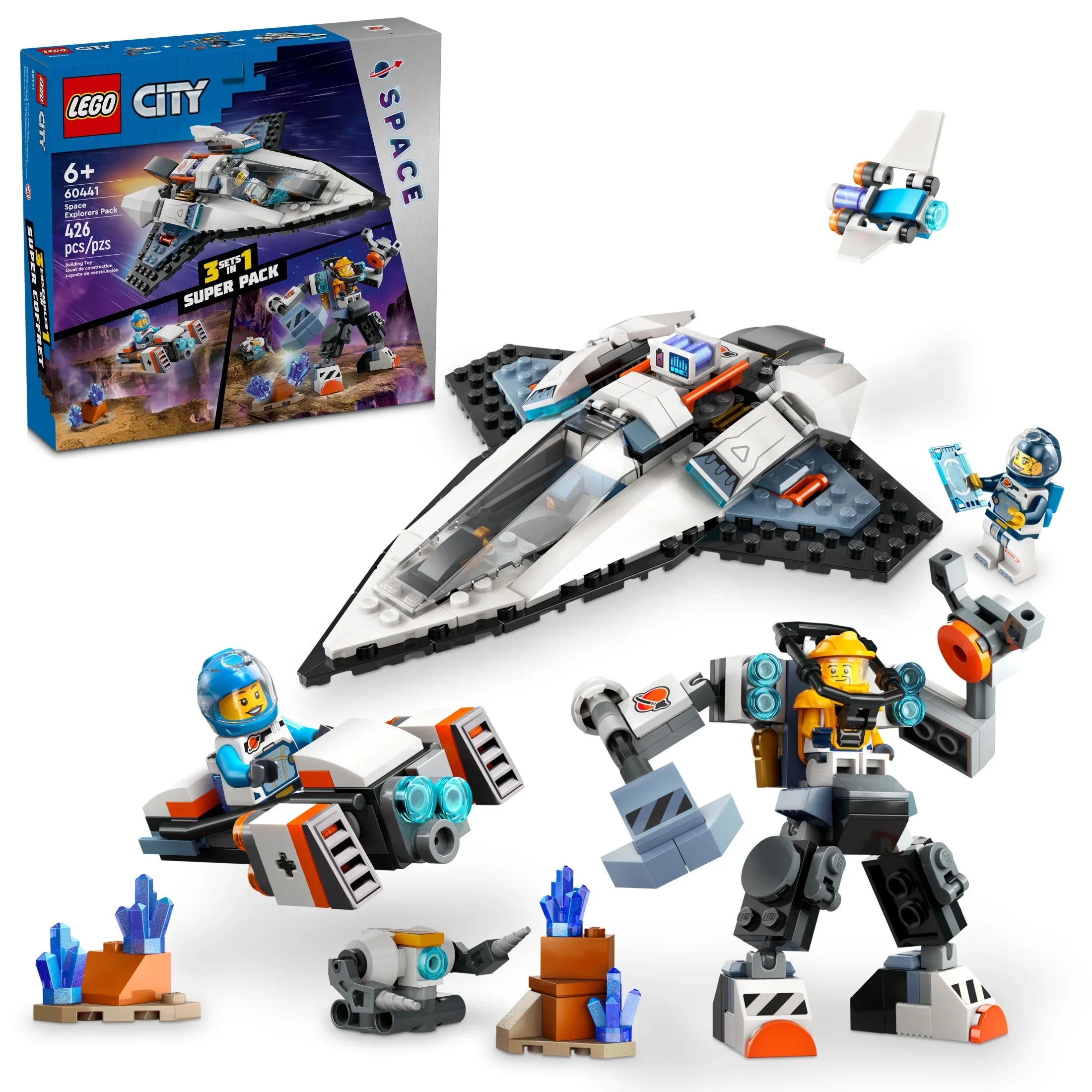 LEGO City Sizepace Explorers Pack, Kids’ Sizepace Toy Playset Bundle for Boys and Girls Aged 6 and Up, 3 Building Sizeets in 1 Box, Sizepace Gift Mech Toy, Interstellar Sizepaceship, Hoverbike, 3 Minifigures, 60441