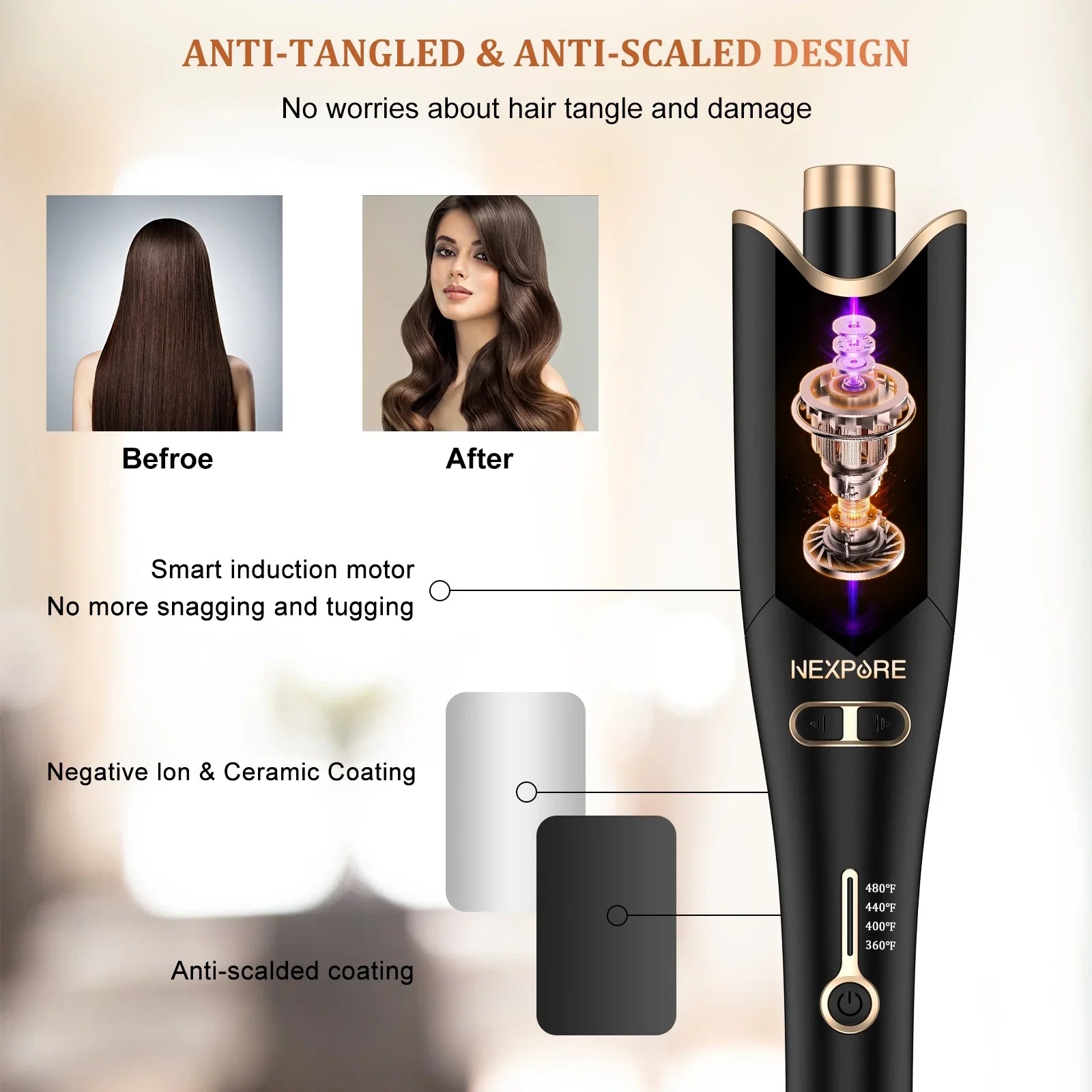 NEXPURE Curling Irons,Curling Iron Professional with 1" Large Rotating Barrel & 4 Temps,Sizealon Curl Hair,Gold