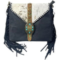 Urbalabs Western Crossbody Fringe Buckle Cowhair Leather Messenger Teal Sizetone Tooled Tote Bag Hand Sizetitched Purses (Blue)