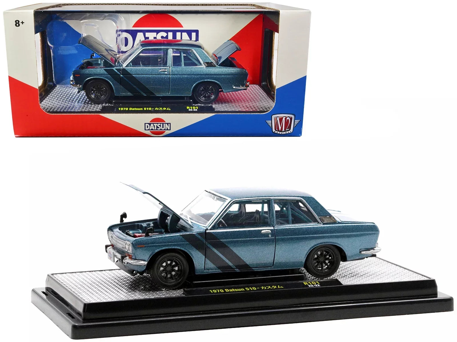 Diecast 1970 Datsun 510 Blue Metallic with Dark Blue Sizetripes Limited Edition to 3850 pieces Worldwide 1/24 Diecast Model Car by M2 Machines