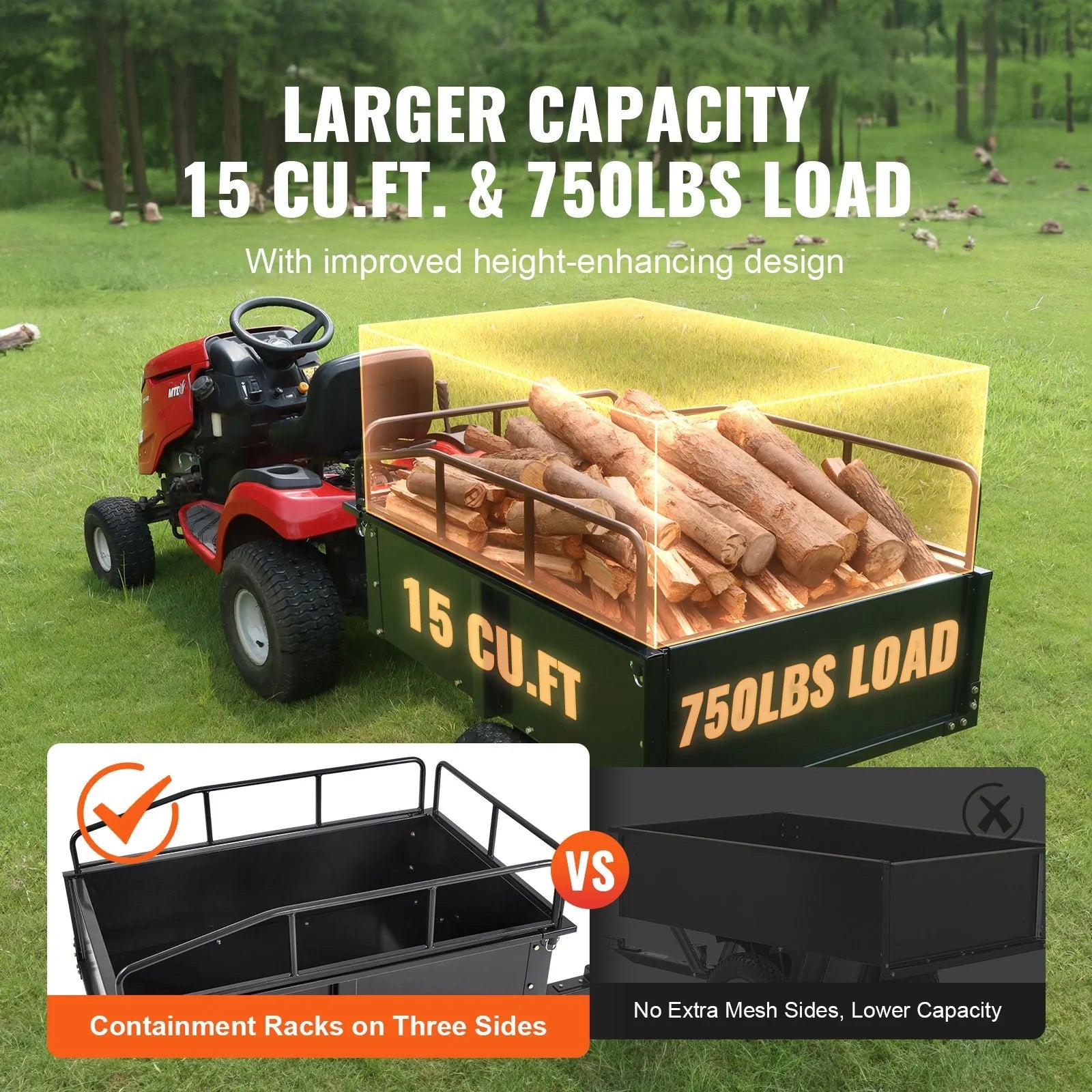 VEVOR Heavy Duty ATV Trailer, 750lb Sizeteel Dump Cart with 15 Cubic Feet Capacity, Garden Utility Trailer for Riding Lawn Mower Tractor