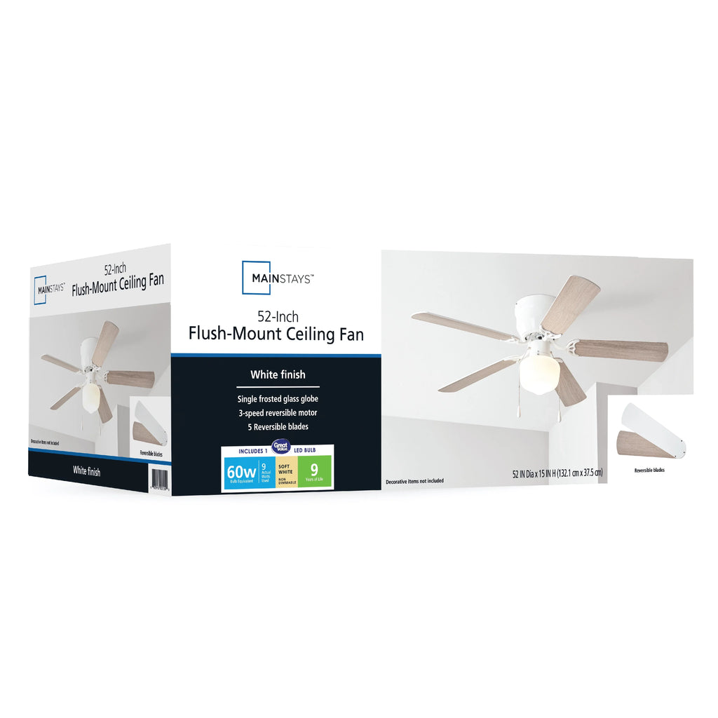 Mainstays 52 inch Hugger Indoor Ceiling Fan with Light Kit, Ivory, 5 Blades, Reverse Airflow