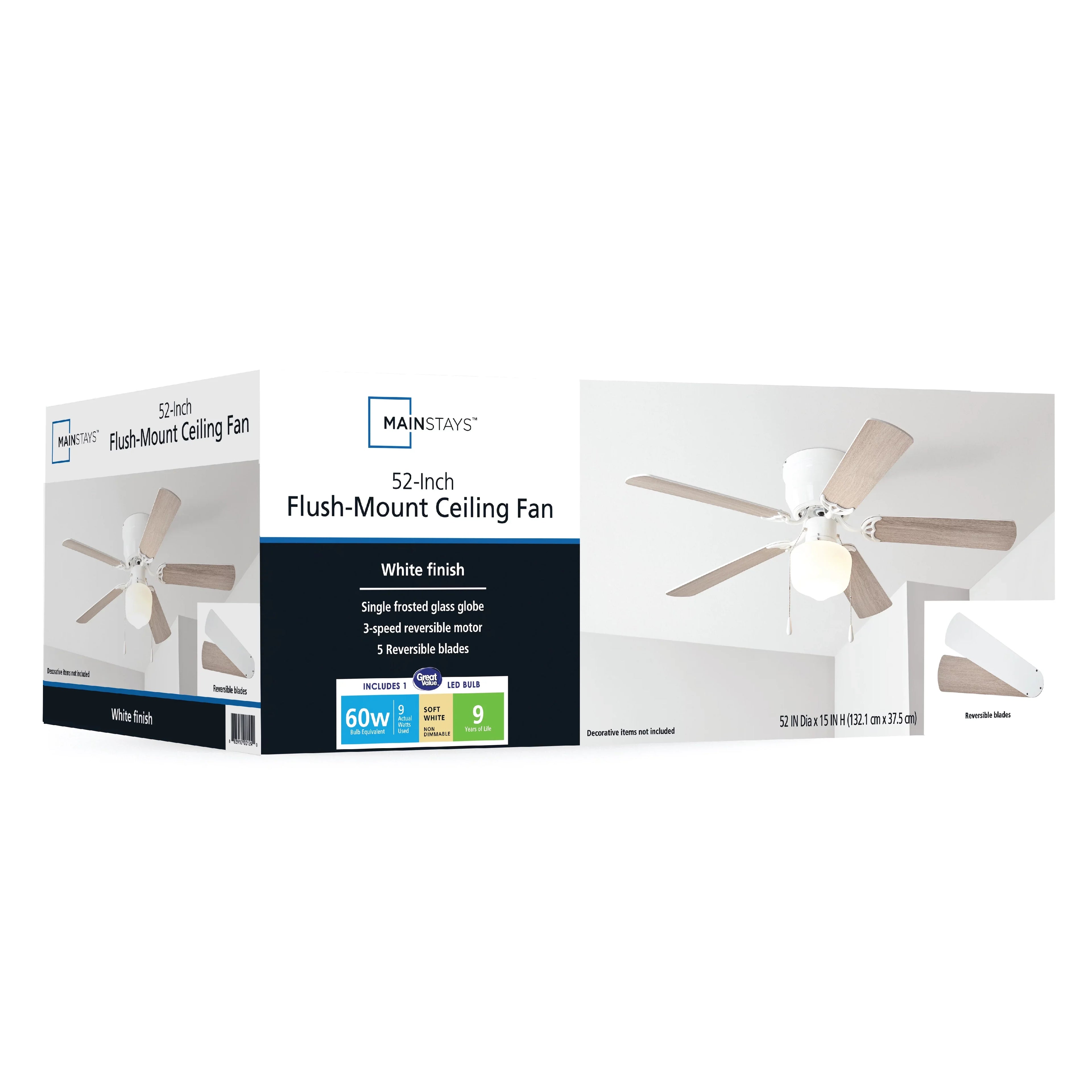 Mainstays 52 inch Hugger Indoor Ceiling Fan with Light Kit, Ivory, 5 Blades, Reverse Airflow
