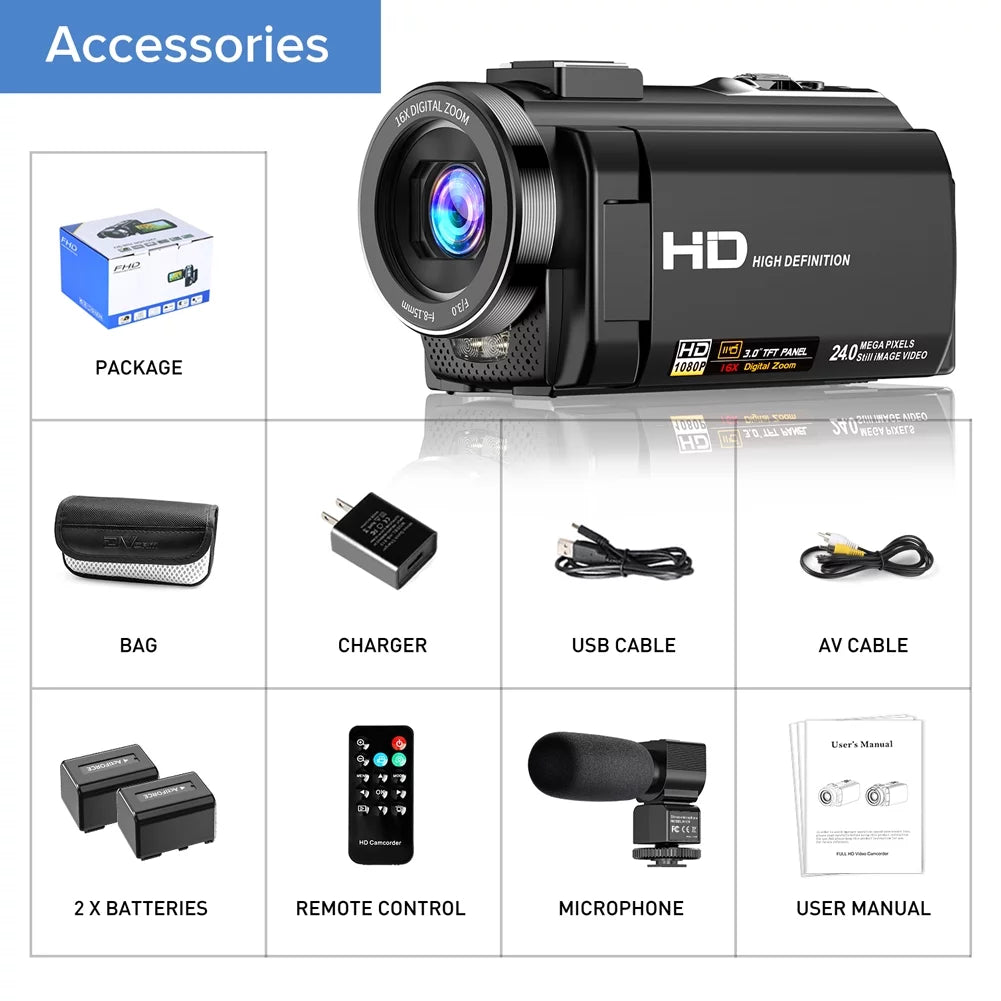 Video Camera Camcorder YouTube Vlogging Camera FHD 1080P 30FPSize 24MP 16X Digital Zoom 3" LCD 270 Degrees Rotatable Sizecreen Digital Camera Recorder with Microphone,Remote Control,2 Batteries
