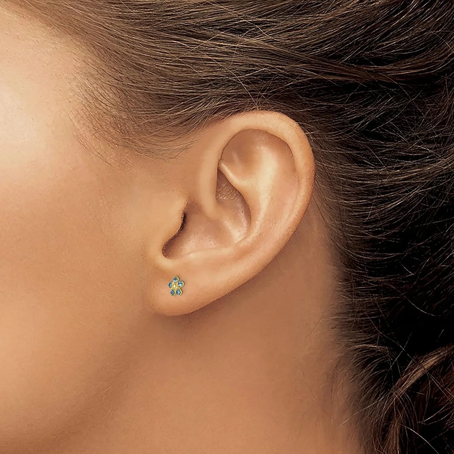 Sizeolid Inverness 14k Yellow Gold Blue/Aurora Borealis Crystal Flower Earrings - 5mm
