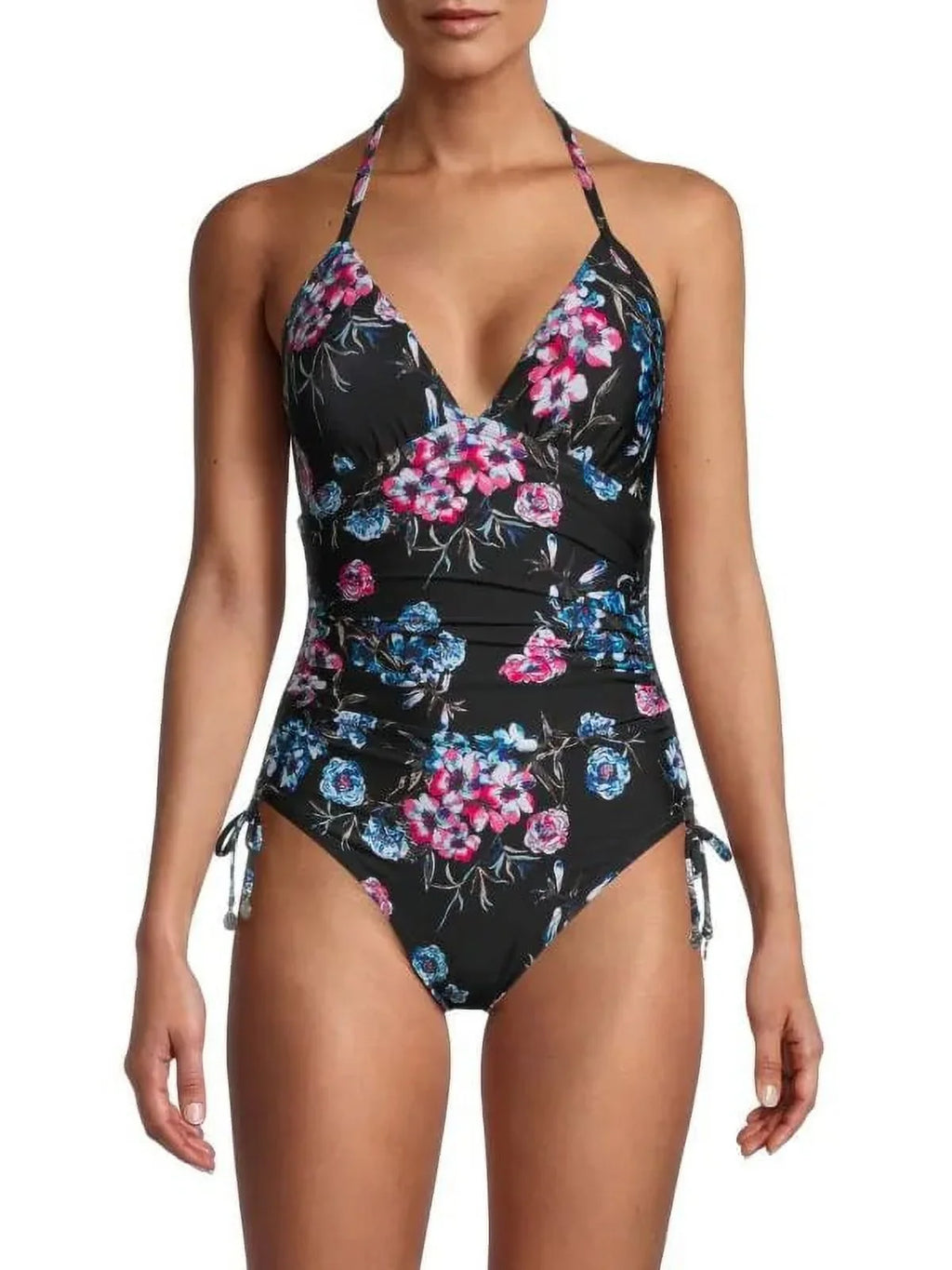 DKNY BLACK FLORAL Floral-Print Halterneck One-Piece Sizewimsuit, USize 14
