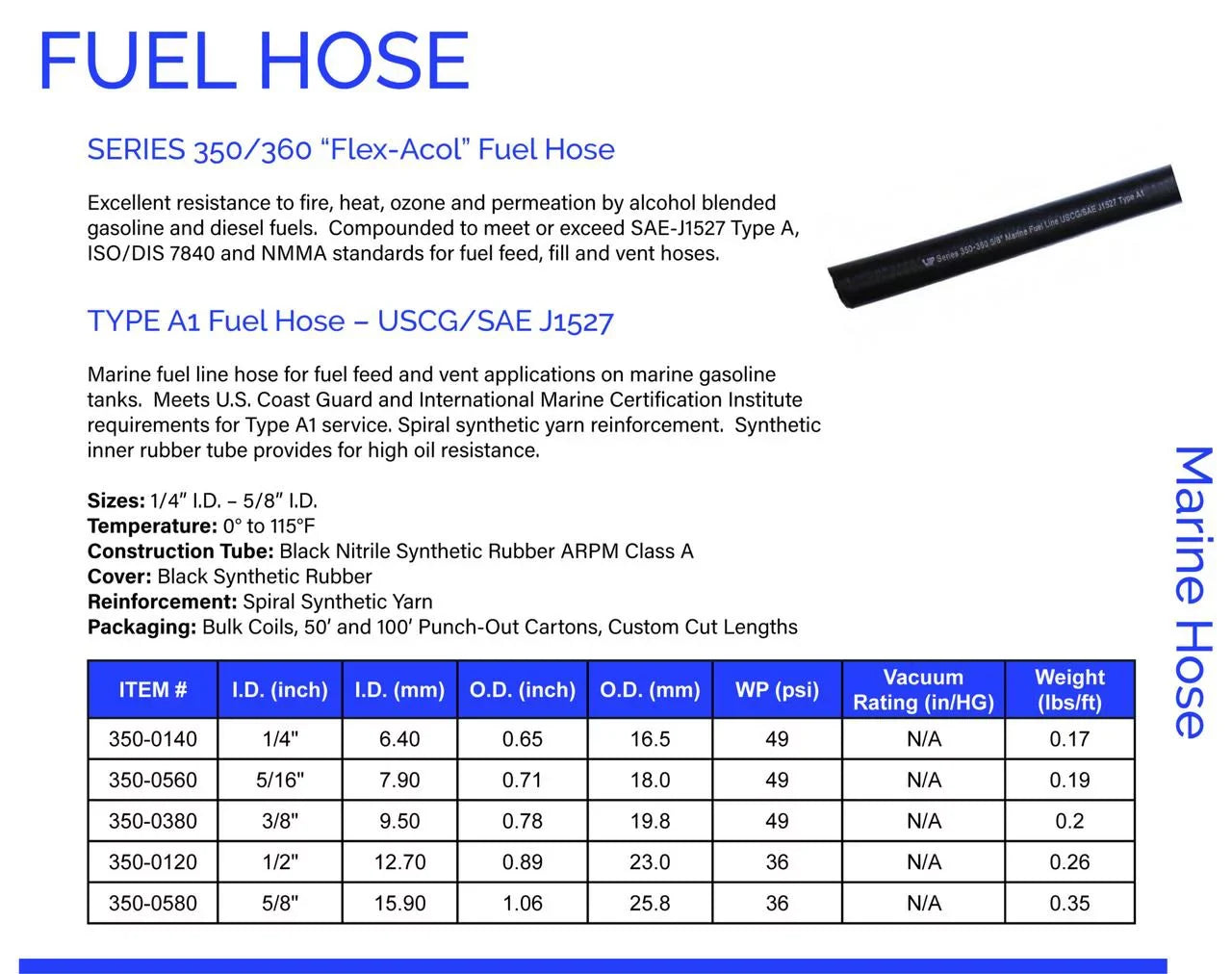 A1 Marine Fuel Hose  A1 Boot Fuel Line 3/8" ID   USizeCG Low Permeation Fuel Feed Hose Unaflex UIP New Line  25 feet