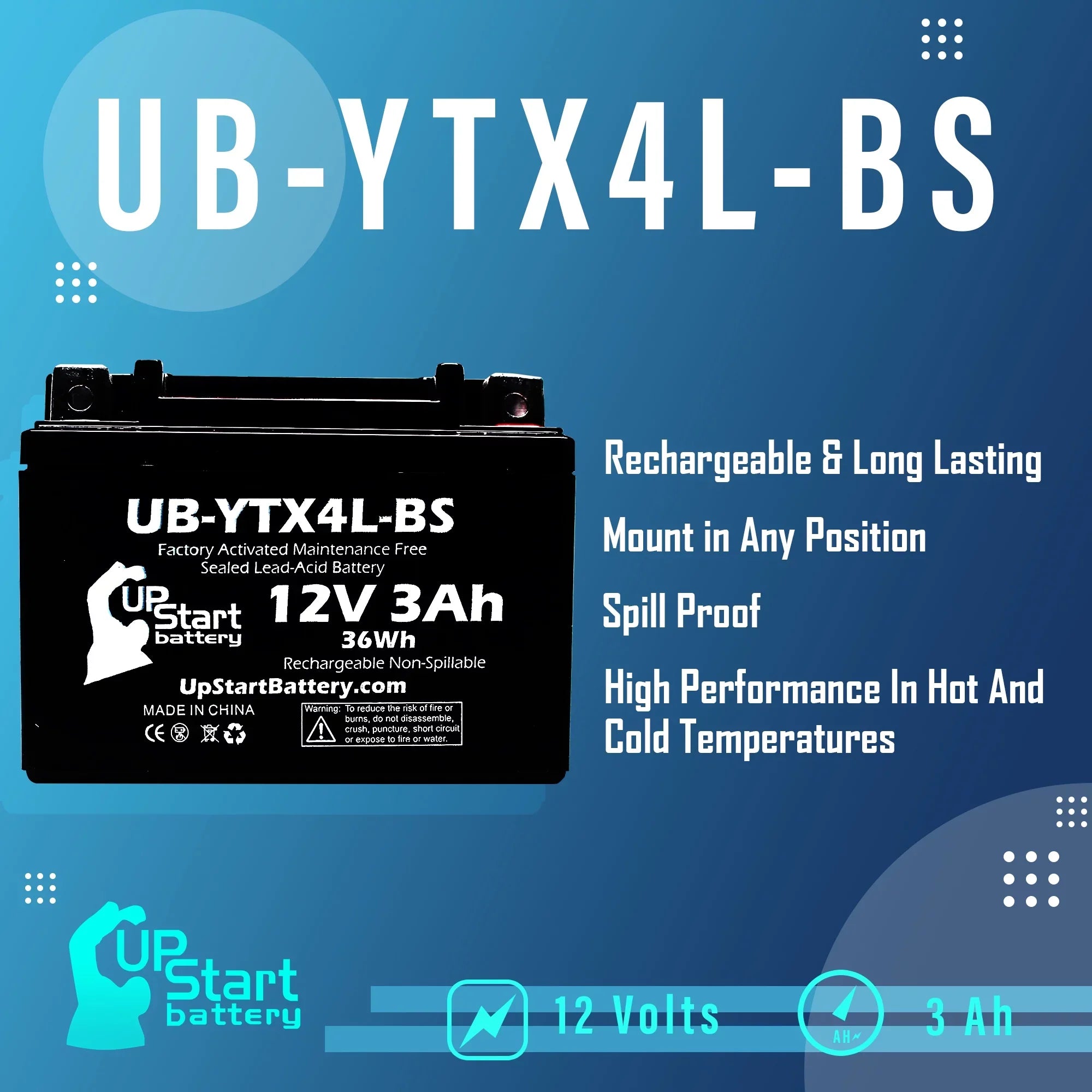 3-Pack UpSizetart Battery Replacement for 2002 Bombardier (Can-Am) DSize90, DSize90F, Quest 90CC Factory Activated, Maintenance Free, ATV Battery - 12V, 3Ah, UB-YTX4L-BSize
