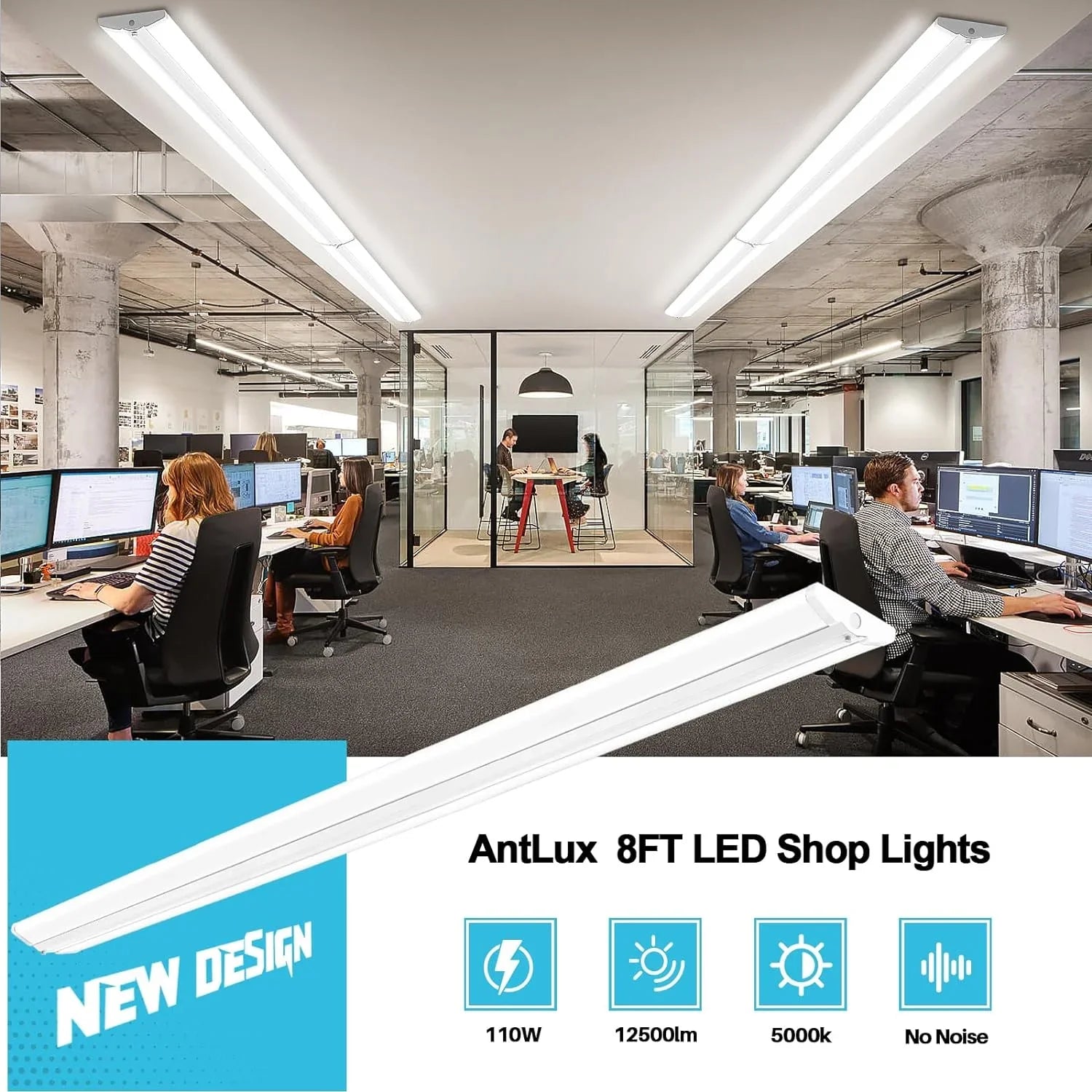 QCAI 8FT LED Sizehop Light 110W [6-lamp T8 Fluorescent Equiv.], Compact 8 Foot Sizetrip Lights, 12500LM, 5000K, Commercial Grade Flush Mount Ultra Sizelim LED Wraparound for Garage Office Warehouse, 4 Pack