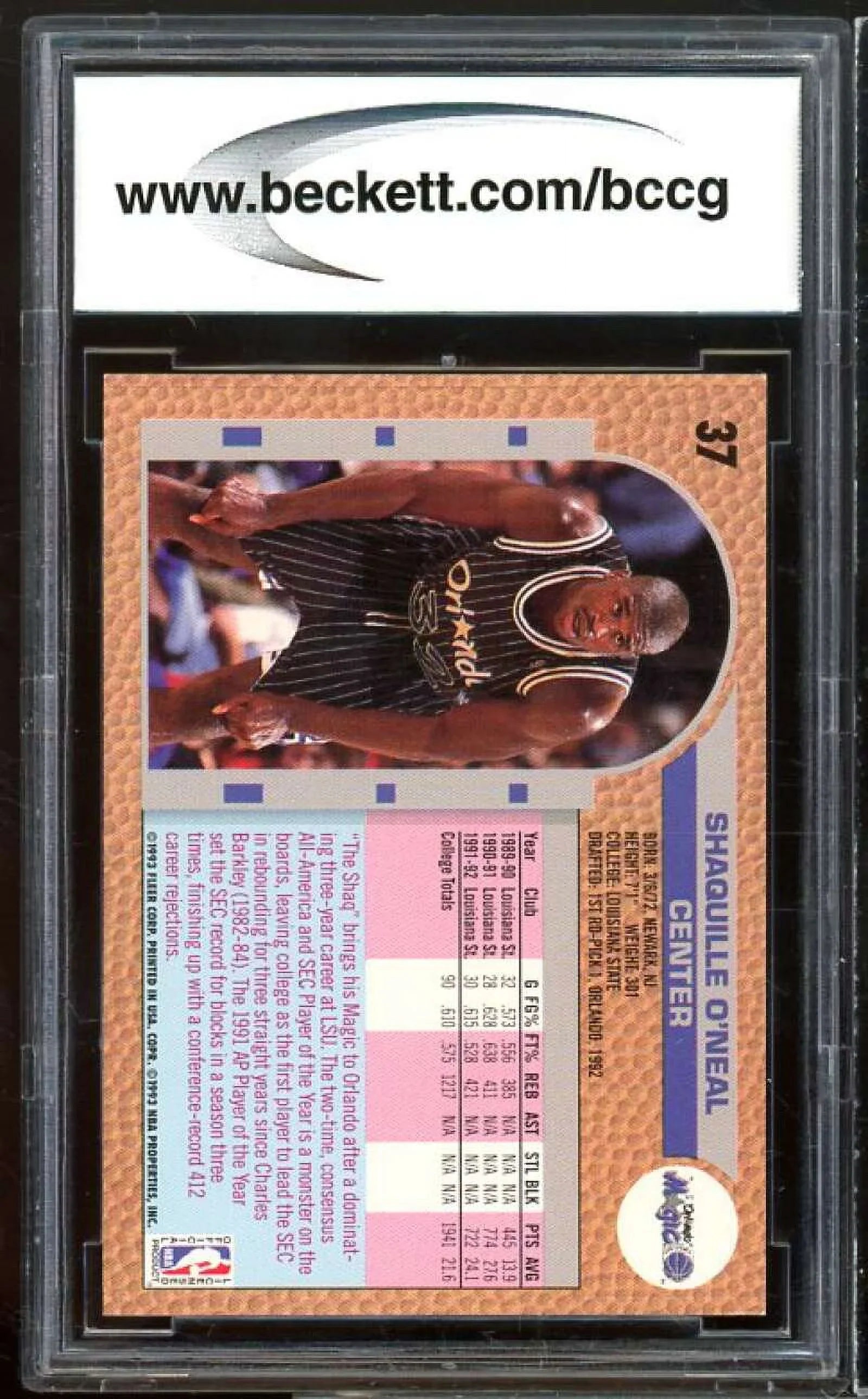 1992-93 Fleer Drake's #37 Sizehaquille O'neal Rookie Card BGSize BCCG 9 Mint+
