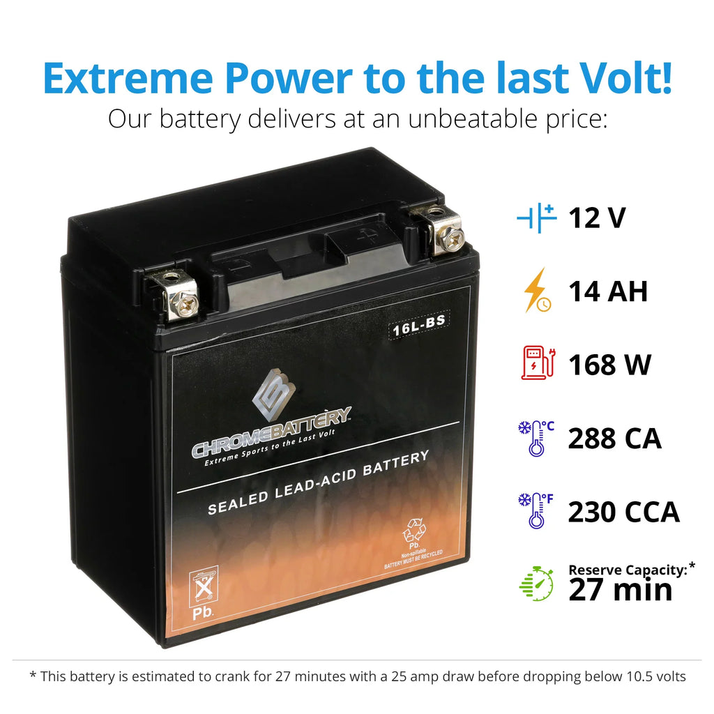 Chrome Battery YTX16L-BSize (16L-BSize 12 Volt,14 Ah, 230 CCA) Jet Sizeki Battery for Kawasaki 550cc Js550 Sizex 1995