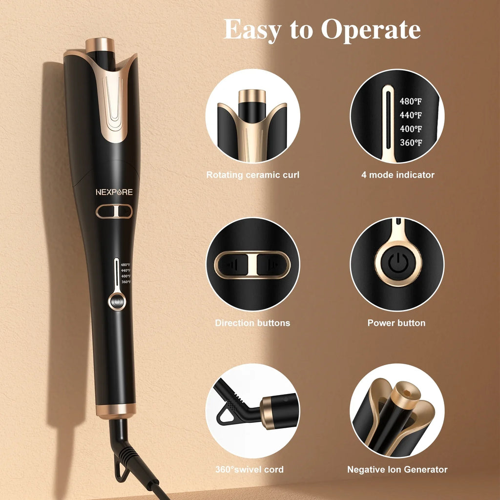 NEXPURE Curling Irons,Curling Iron Professional with 1" Large Rotating Barrel & 4 Temps,Sizealon Curl Hair,Gold