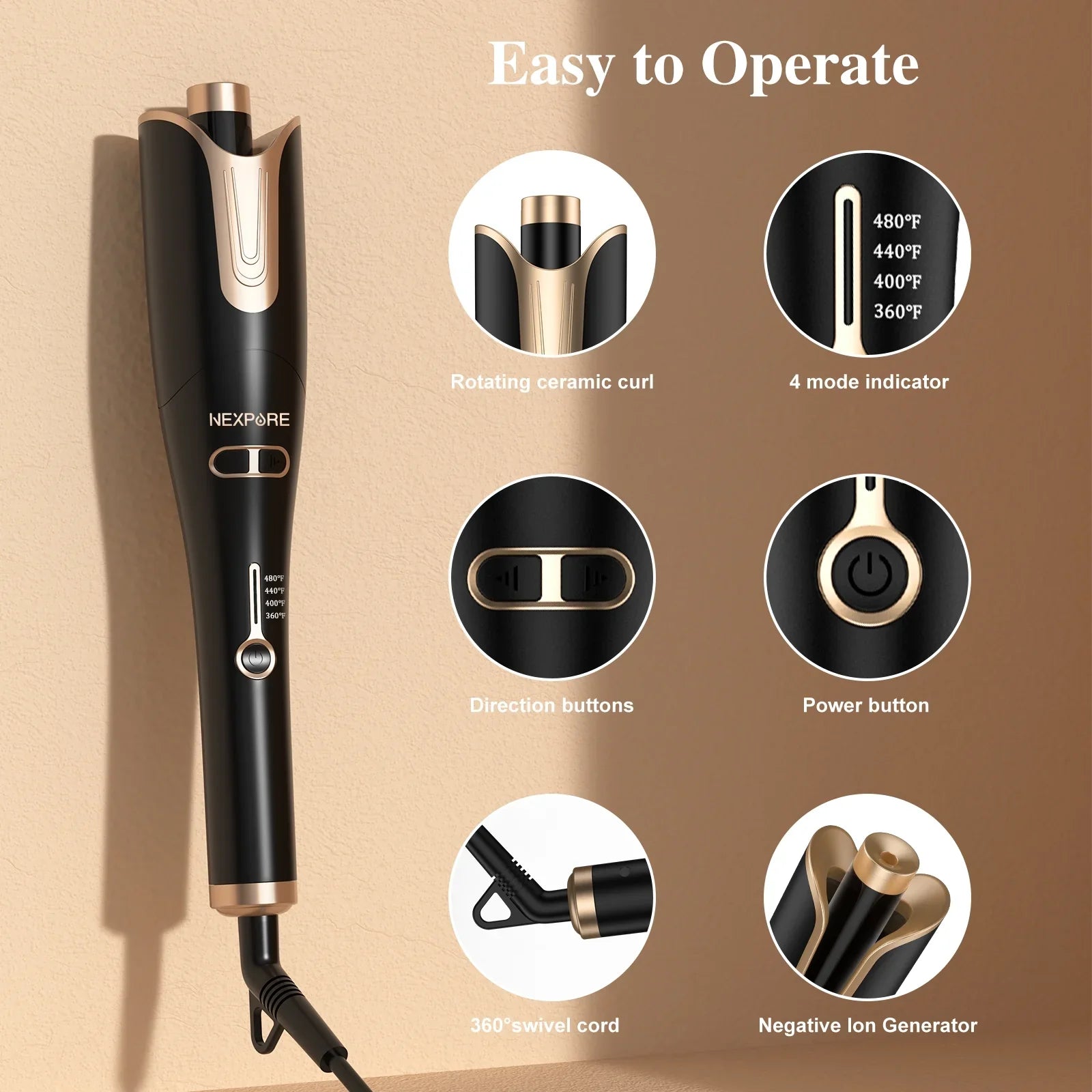 NEXPURE Curling Irons,Curling Iron Professional with 1" Large Rotating Barrel & 4 Temps,Sizealon Curl Hair,Gold