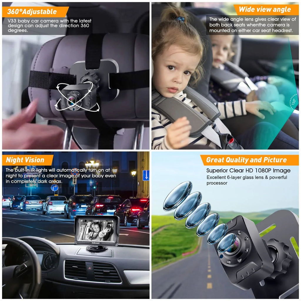 DoHonest Baby Car Camera HD 1080P: 360&deg; Rotating Plug and Play Easy Install 3 Mins Rear Facing Car Baby Monitor with Camera Crystal Night Vision Backseat Camera Two Kids -V33