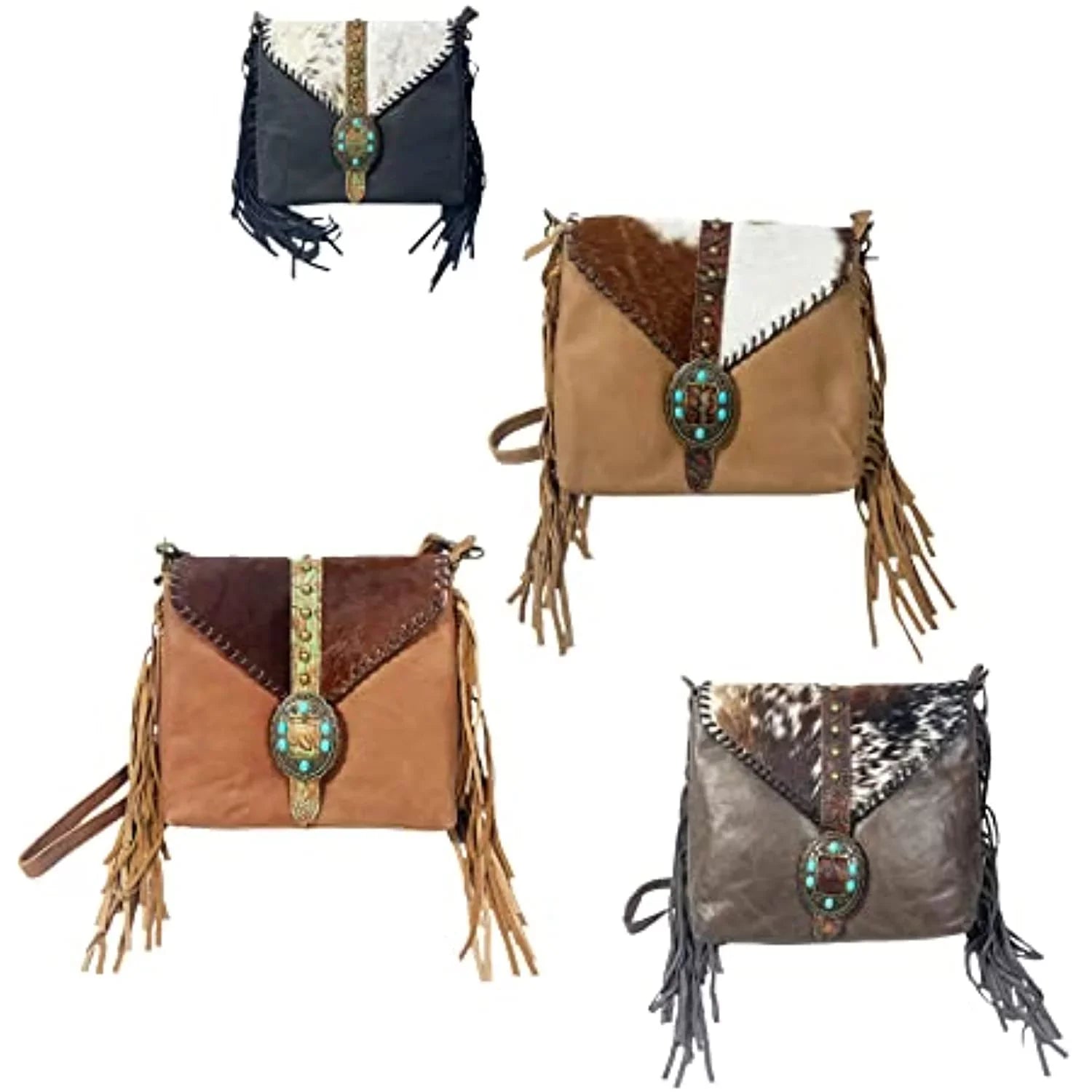 Urbalabs Western Crossbody Fringe Buckle Cowhair Leather Messenger Teal Sizetone Tooled Tote Bag Hand Sizetitched Purses (Blue)