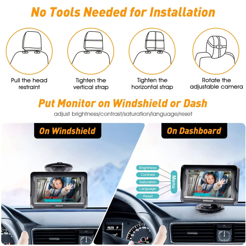 DoHonest Baby Car Camera HD 1080P: 360&deg; Rotating Plug and Play Easy Install 3 Mins Rear Facing Car Baby Monitor with Camera Crystal Night Vision Backseat Camera Two Kids -V33