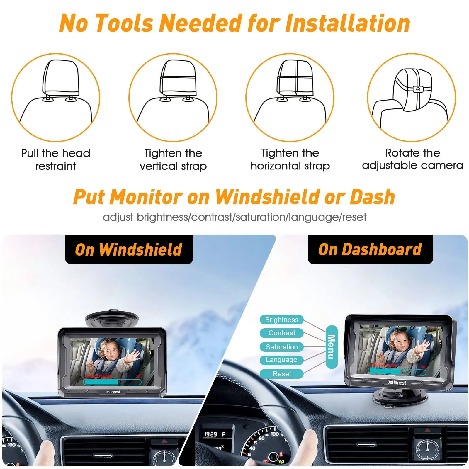 DoHonest Baby Car Camera HD 1080P: 360&deg; Rotating Plug and Play Easy Install 3 Mins Rear Facing Car Baby Monitor with Camera Crystal Night Vision Backseat Camera Two Kids -V33