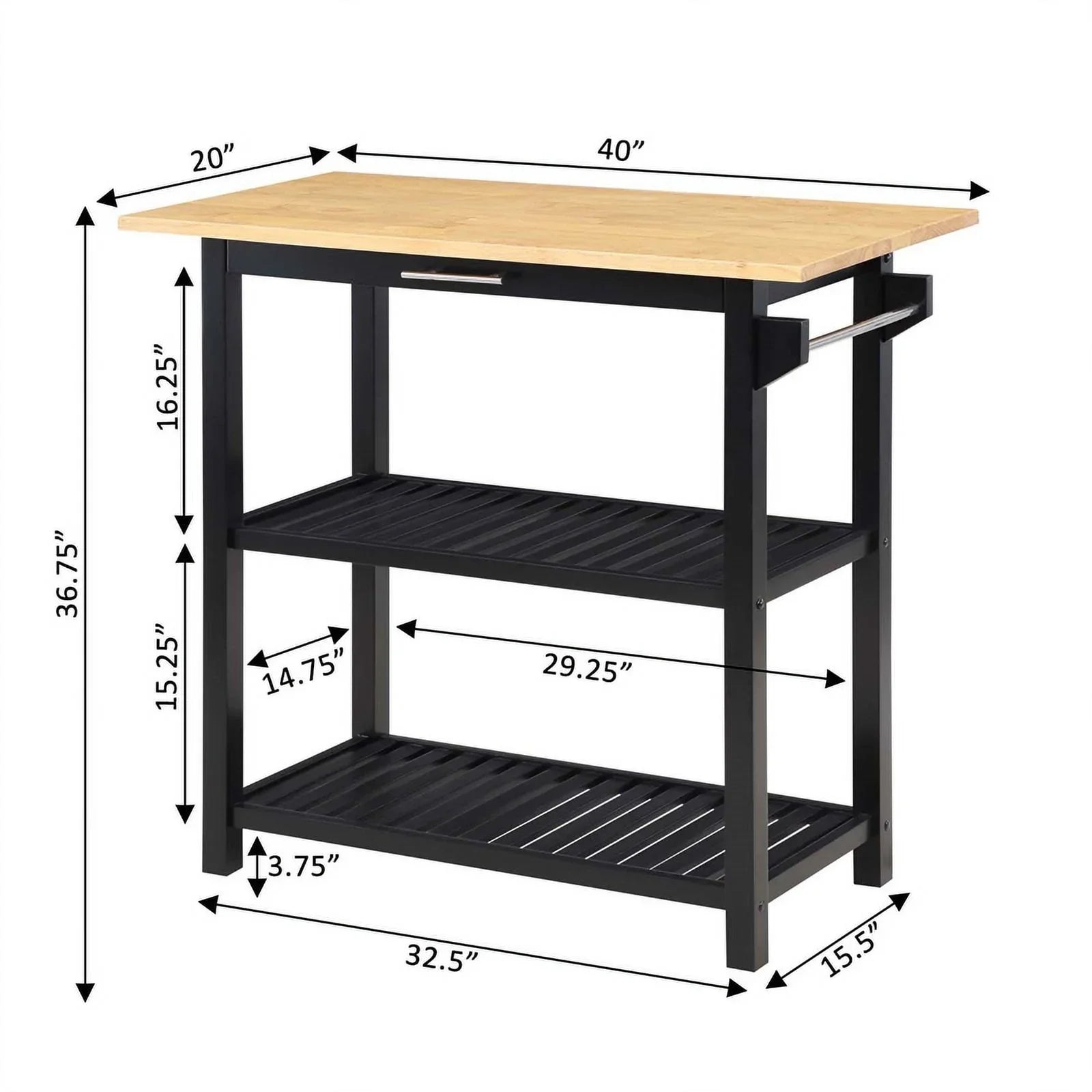 Pemberly Row 3-Tier Butcher Block Kitchen Prep Island with Drawer- Black Wood