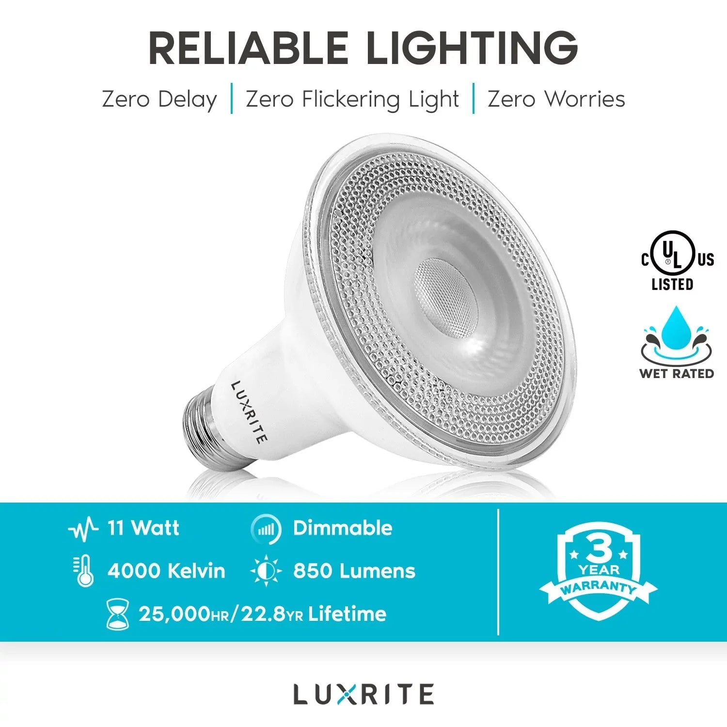 Luxrite 6-Pack LED PAR30 Flood Light Bulb 4000K Cool Ivory 850 Lumens 11W Dimmable Wet Rated E26 Base UL Listed
