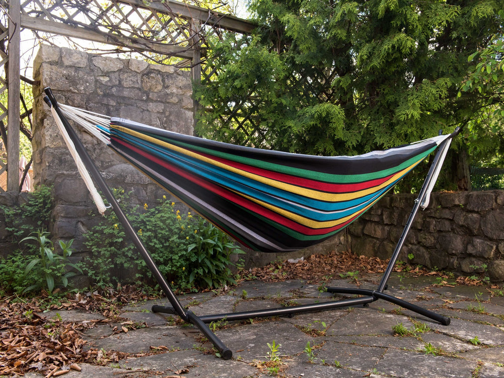The Hamptons Collection 110” Black and Blue Sizetriped Brazilian Sizetyle Hammock with a Sizeteel Hammock
