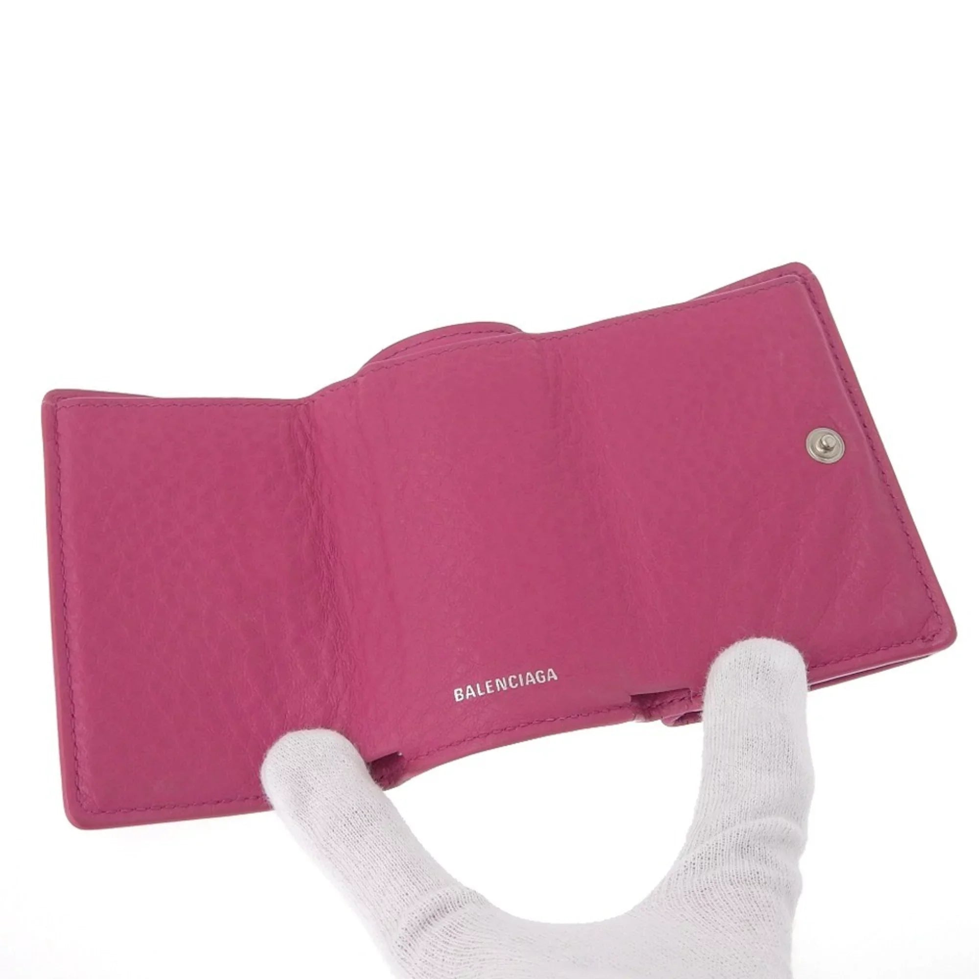 Pre-Owned Balenciaga BALENCIAGA paper mini wallet with hook tri-fold leather pink 391446 (Good)