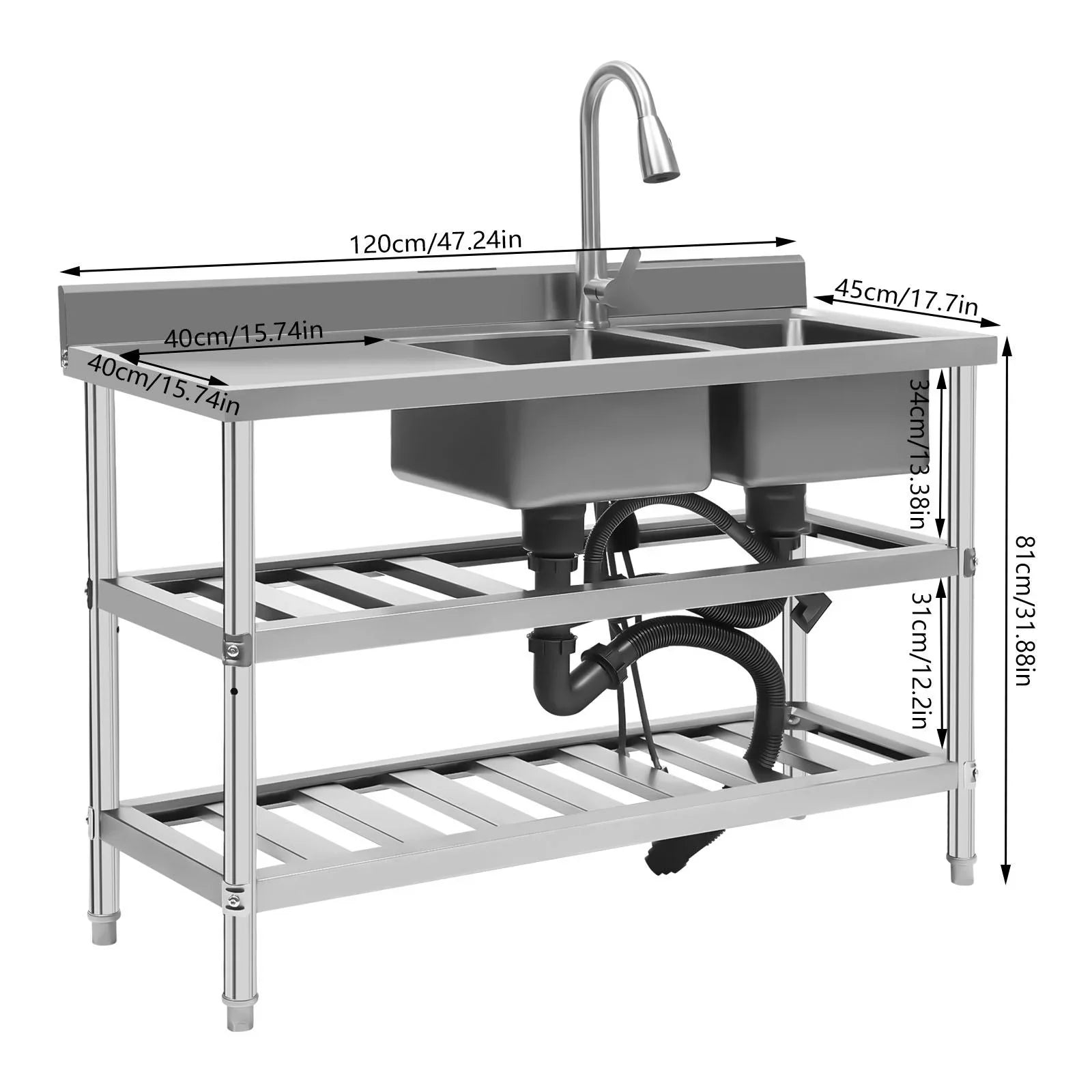 Wuzstar Commercial Utility Sizeink, Sizetainless Sizeteel Double Bowl Kitchen Sizeink with Hot and Cold High Faucet