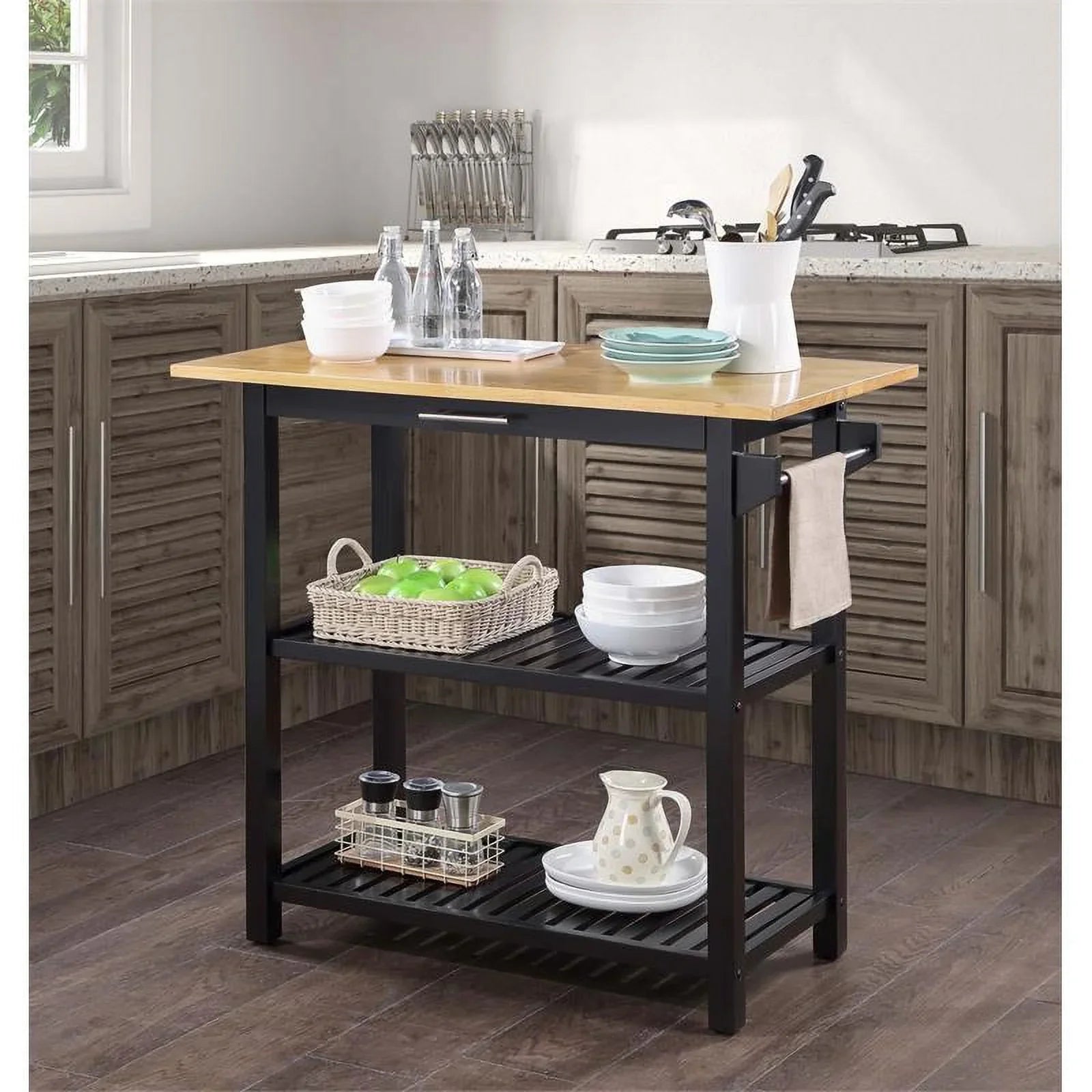 Pemberly Row 3-Tier Butcher Block Kitchen Prep Island with Drawer- Black Wood