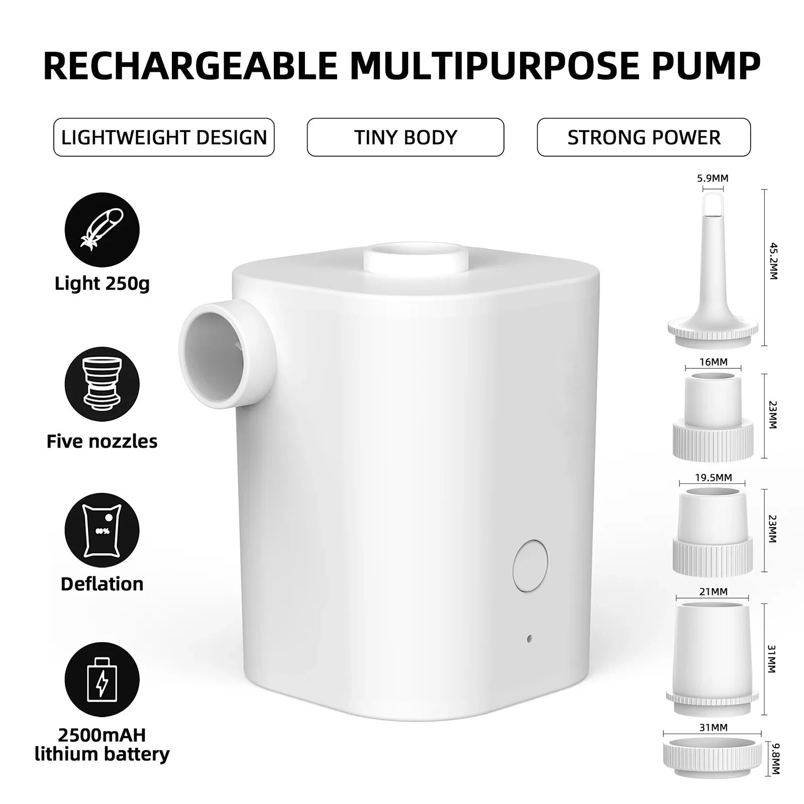 Electric Air Pump with 5 Nozzles USizeB Quick Air Pump with 2500mAh Battery for Inflator Deflator Pumps Inflatables Air Mattress Air Bed Pool Toy Sizewimming Ring