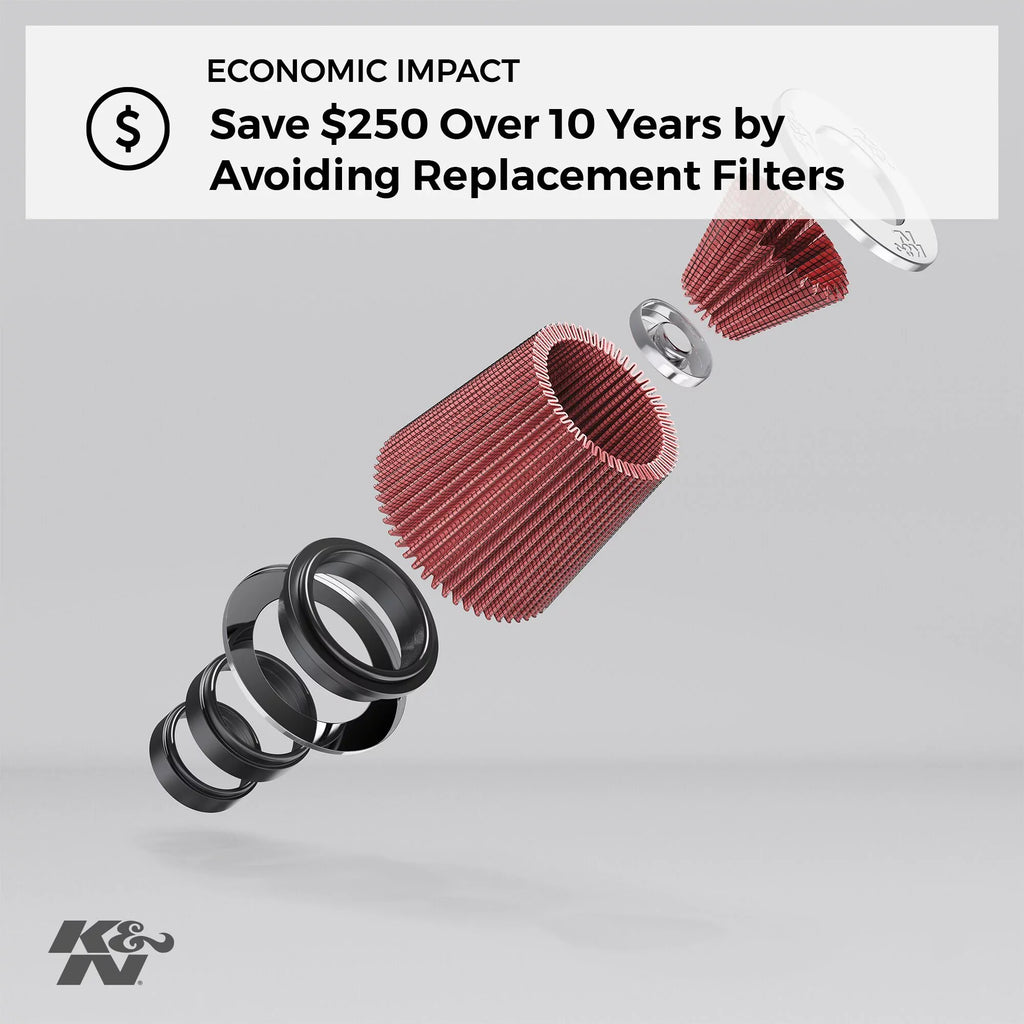 K&N Universal Clamp-On Engine Air Filter: Washable: Round Tapered; 2.25 in/2.5 in/2.75 in (70 mm/64 mm/57 mm) Flange ID; 4.5 in (114 mm) Height; 4.5 in (114 mm) Base; 3.5 in (89 mm) Top , RG-1003RD-L