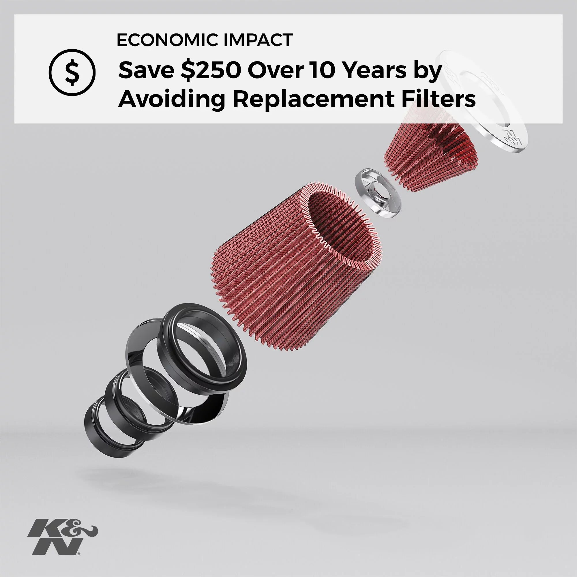 K&N Universal Clamp-On Engine Air Filter: Washable: Round Tapered; 2.25 in/2.5 in/2.75 in (70 mm/64 mm/57 mm) Flange ID; 4.5 in (114 mm) Height; 4.5 in (114 mm) Base; 3.5 in (89 mm) Top , RG-1003RD-L
