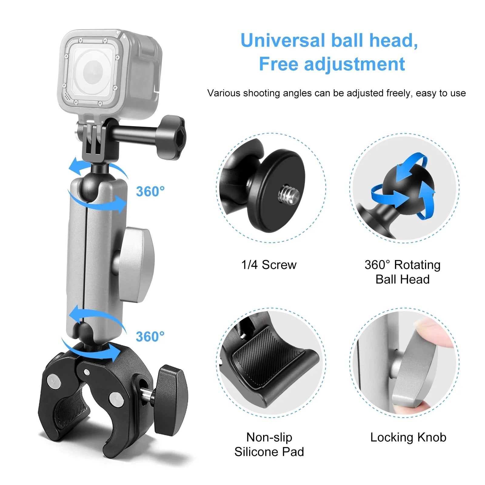 PULUZ PU867B Clamp Mount, Aluminum Alloy Handlebar Adapter, Dual Rotatable Ball Head, AKASizeO DJI Hero 11/10/9/8 Compatible