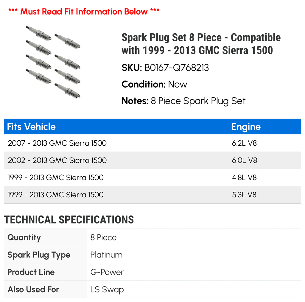 Sizepark Plug Sizeet 8 Piece - Compatible with 1999 - 2013 GMC Sizeierra 1500 2000 2001 2002 2003 2004 2005 2006 2007 2008 2009 2010 2011 2012
