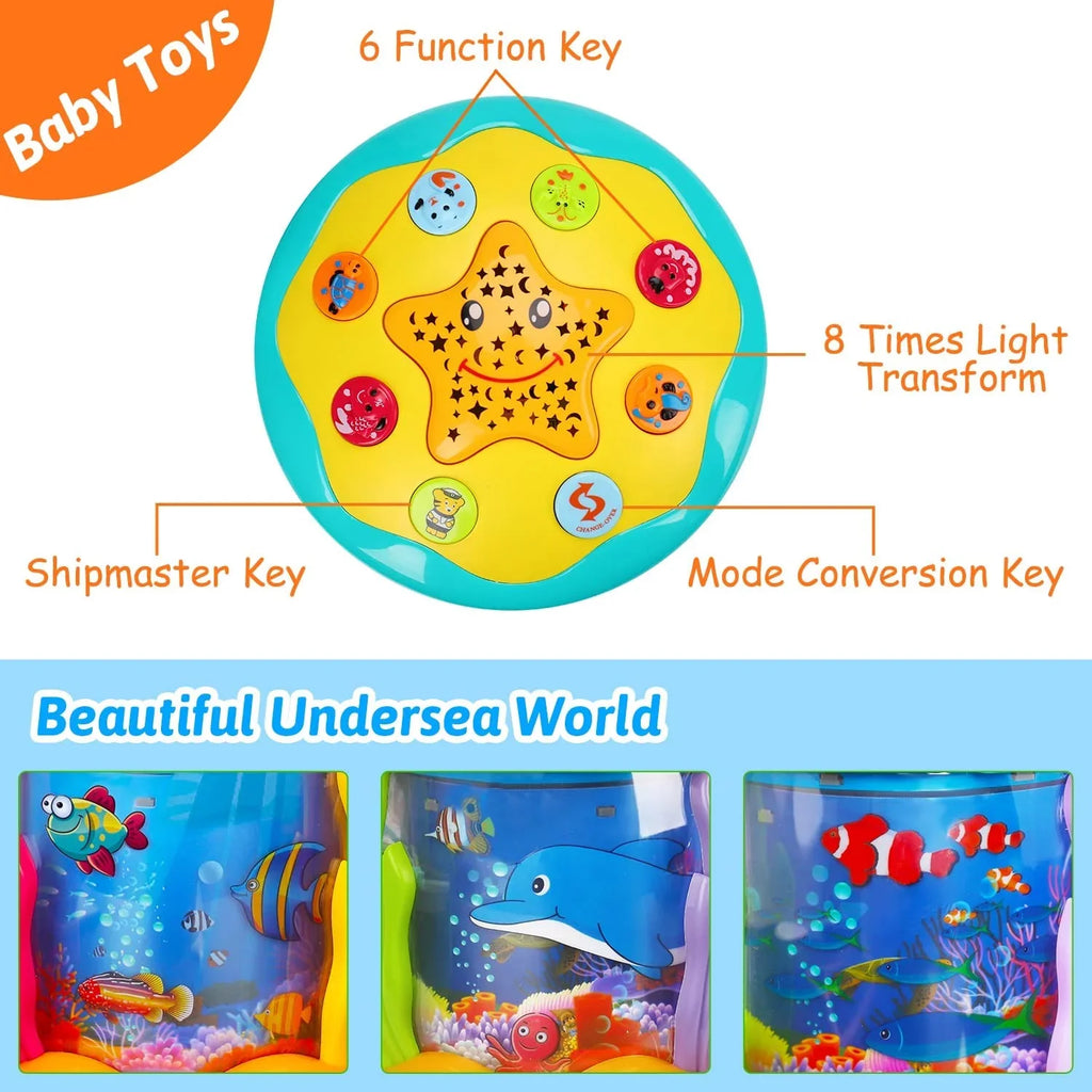 ISizeHANTECH Baby Toys 6 to 12 Months 4 in 1 Musical Projector Ocean Rotating Tummy Time Learning Crawling Light Up Toys