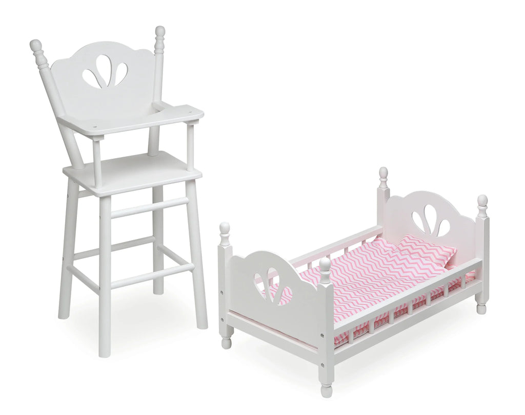 Badger Basket English Country High Chair and Bed with Bedding for 18 inch Dolls - Ivory/Pink