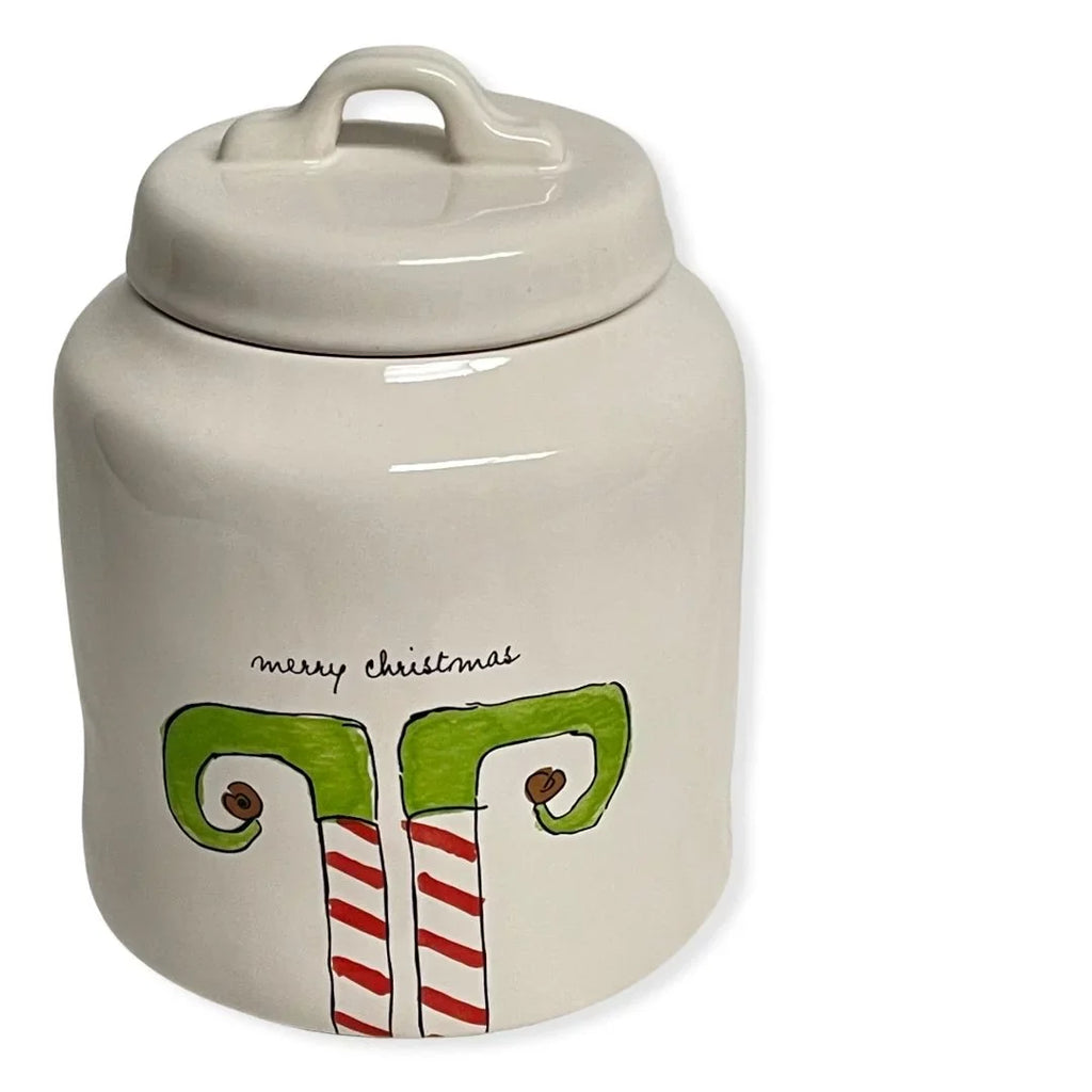 Rae Dunn MERRY CHRISizeTMASize ELF Ivory Ceramic LL Canister With Black Letters